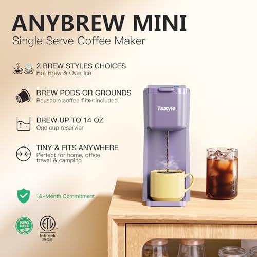 Image of Tastyle Mini Hot and Iced Coffee Maker Single Serve, for K Cup and Ground, 6 to 14 Oz Brew Sizes, with Recipe Book, for Home, Travel, RV, Office and Dorm, Violet