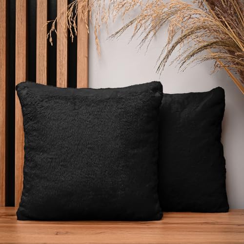 MG Design Lot de 2 Housses de Coussin 35 x 35 cm Noir – Fausse Fourrure à Long Poil, Ultra Douces et décoratives pour canapé et Salon