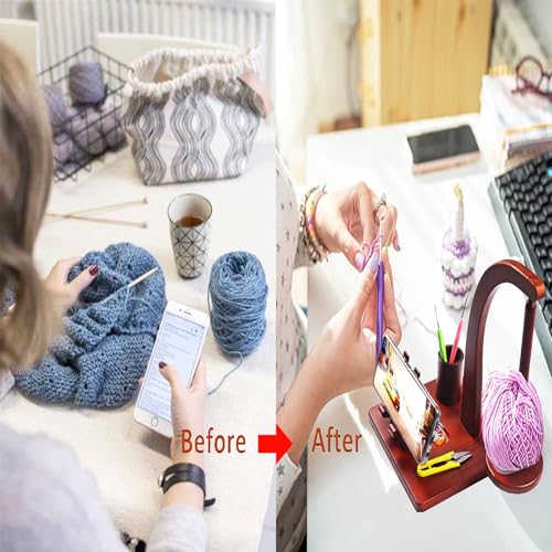 Image of YESTIC Wooden Yarn Holder for Knitting & Crocheting with Phone Stand, Anti-Slip Pads & Accessories Storage, Magnetic Yarn Ball Holder for Knitting| Ideal Gift for Crochet Lovers