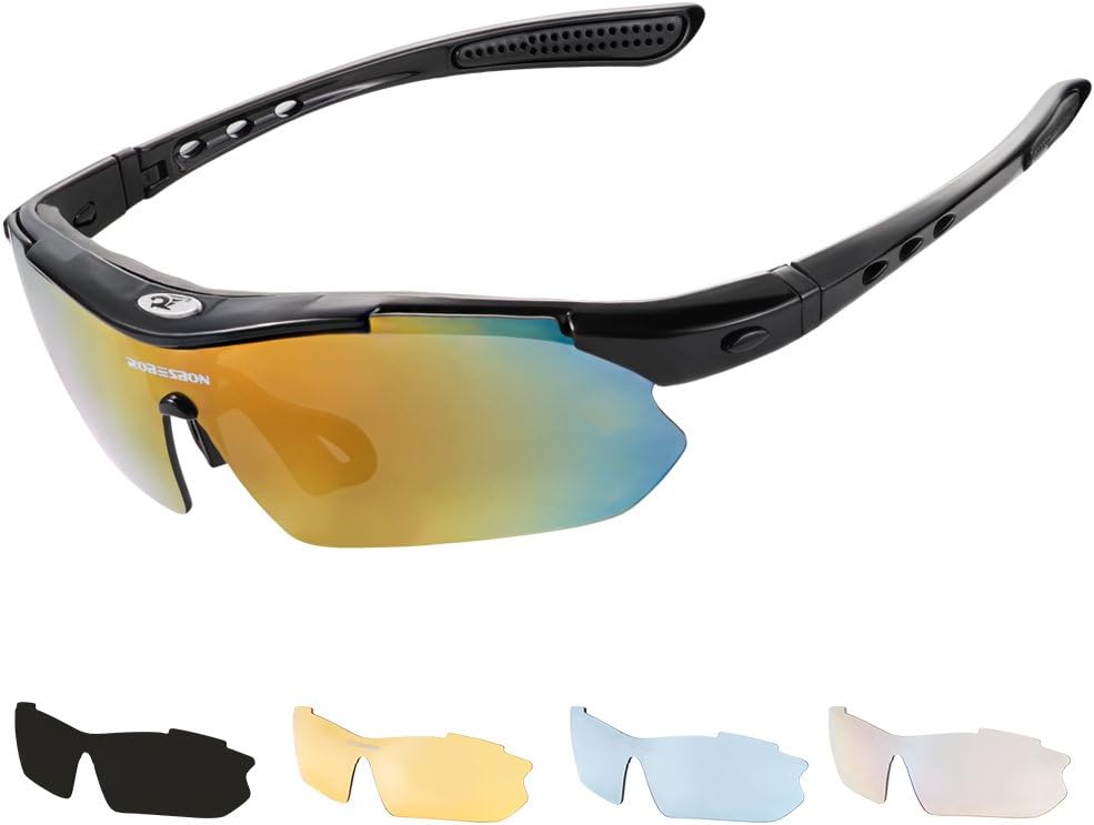 Sunglasses, Yesloo 5 in 1 polarized sports glasses/glasses with 5 lenses and case for men and women, suitable for cycling and sports, black