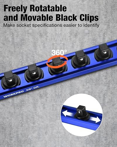 Image of WORKPRO Magnetic Socket Organizer, 3 /8 inch Drive Aluminum Alloy Socket Holder with 10PC Removable Socket Clips for Quick Customization, Socket Rail for Tool Box Drawer (Sockets Not Included)