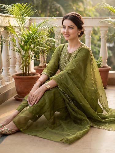 Image of INDO ERA Solid Straight Pure Cotton Kurta with Pant & Dupatta Set for Women