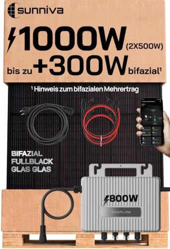 SUNNIVA® 1000W Balkonkraftwerk mit 800W Wechselrichter ECOFLOW, BIFAZIAL FULLBLACK komplett Steckdose, PV Solaranlage Komplettset mit 5 m Anschlusskabel und 4x 1m Solarkabel, 2x 500W N-Type Glas