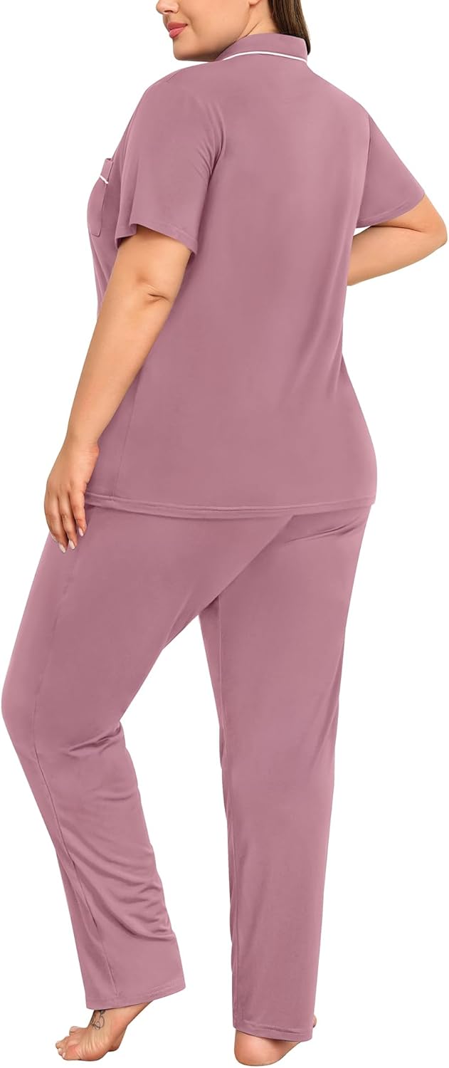 SWOMOG Women's Plus Size Pajama Set Short Sleeve Sleepwear Top and Pants Button Up Pajamas for Women Loungewear - Image 6