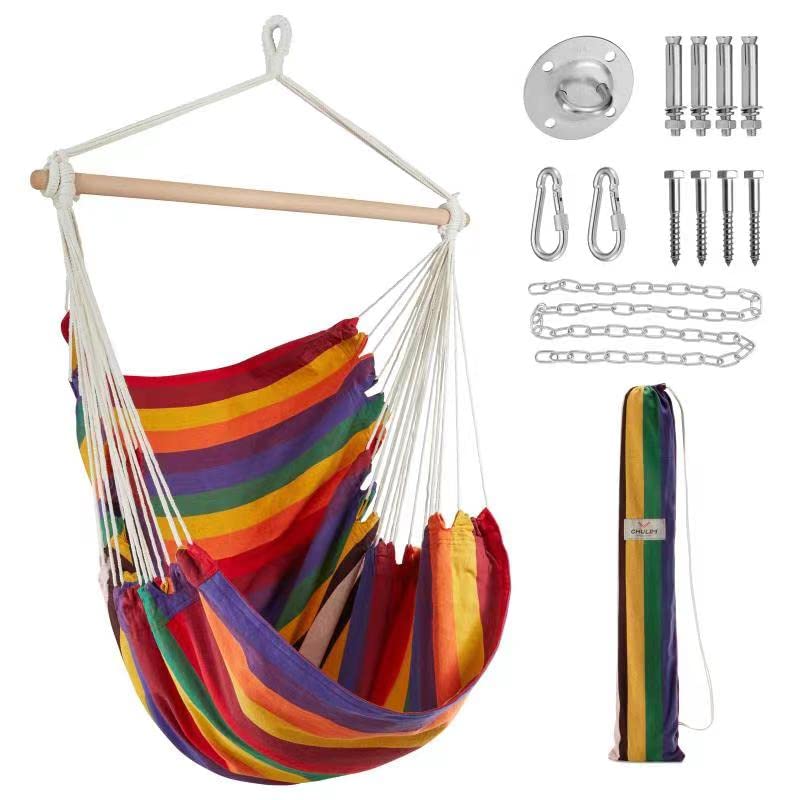 Image of Chulim Hammock Chair Hanging Swing - Cotton Weave Canvas with Hardware Kits, Max 330Lbs, XL Hanging Chair for Indoor Outdoor Patio Yard - Red Stripe