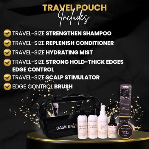 Bask & Lather On the Go Travel Essential Kit, Hydrating Hair Products for Black Hair, Travel Case With Shampoo & Conditioner, Mist, Edge Control, Scalp Stimulator & Edge Control Brush, TSA Accepted - Image 3