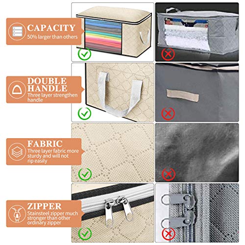 king do way Closet Organizer Clothes Storage Bags Large Capacity Storage Organizers with Reinforced Handle,Stainless Steel Zipper,3 Layer Fabric for Comforters,Bedding,Blankets Clothing (Off White, Storage without Divider,4 Pack)