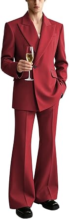 Men's Over Size 2 Piece Suit Set, Solid Color One Button Blazer & Flare Pants for Business Occasions