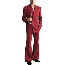 Mens Over Size 2 Piece Suit Set, Solid Color One Button Blazer & Flare Pants for Business Occasions