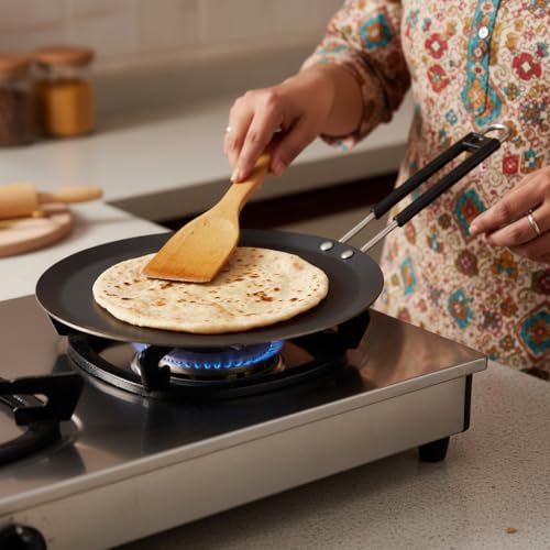 Image of LAZYwindow Induction Iron Tawa with Foldable Plastic Whisker Combo | Solid cast build offers durable performance for everyday flatbread cooking