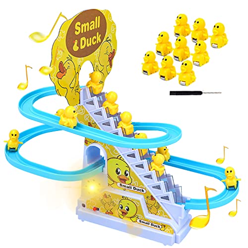 Small Duck Climbing Stairs Toy,Electric Duck Roller Coaster Toy Set,with LED Flashing...