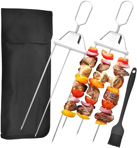 Pack of 2 Stainless Steel Barbecue Skewers, Stainless Steel, 3-Way Meat Skewers, Reusable Gas Grill, BBQ, Skewer Holder and Kebab Grill for Barbecuing, Meat, Vegetables