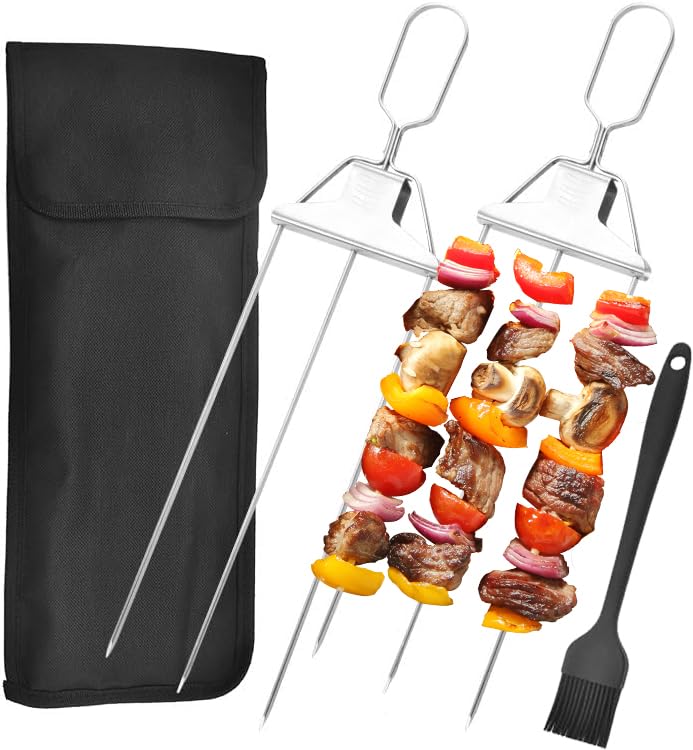 Lot de 2 brochettes Accessoires Barbecue Brochettes pour Barbecue 3 Way Grill Skewers, Set de brochettes de Kebab en Acier Inoxydable avec Support, Barbecue...