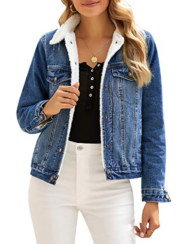 Utyful Women's Casual Long Sleeve Ripped Original Trucker Denim Jean Jacket Blue Medium
