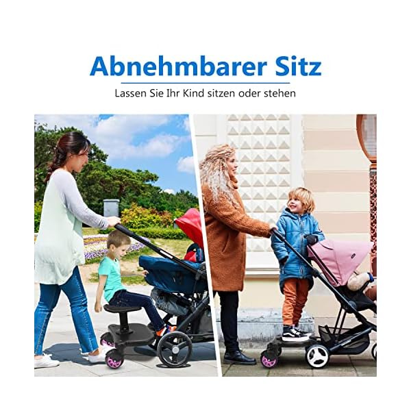 Gimisgu Buggy Board mit Sitz, Mitfahrbrett Trittbrett, Universal Stehbrett, 360°Zweirad Design, Kinderwagen Zubehör, mit Kinderwagensitz, passend für jeden Kinderwagen erhältlich(Rosa) – Bild 6