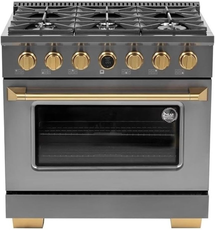 Pemberly Row 36" Stainless Steel Dual Fuel Range, 5.2 cu. ft. Capacity, 6 Sealed Gas Burners, Electric Convection Oven, Gold Handle, Industrial Style Kitchen Cooking Appliance