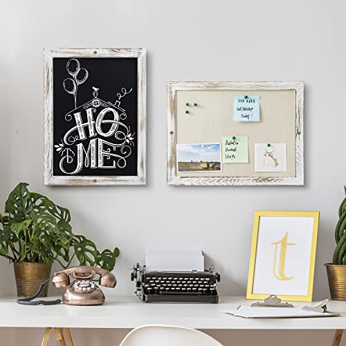 Mygift 2 Pc Set - Bulletin And Chalkboard, Wall Mounted White Weathered Wooden Framed Mini Chalkboard And Linen Cork Board #TOP1