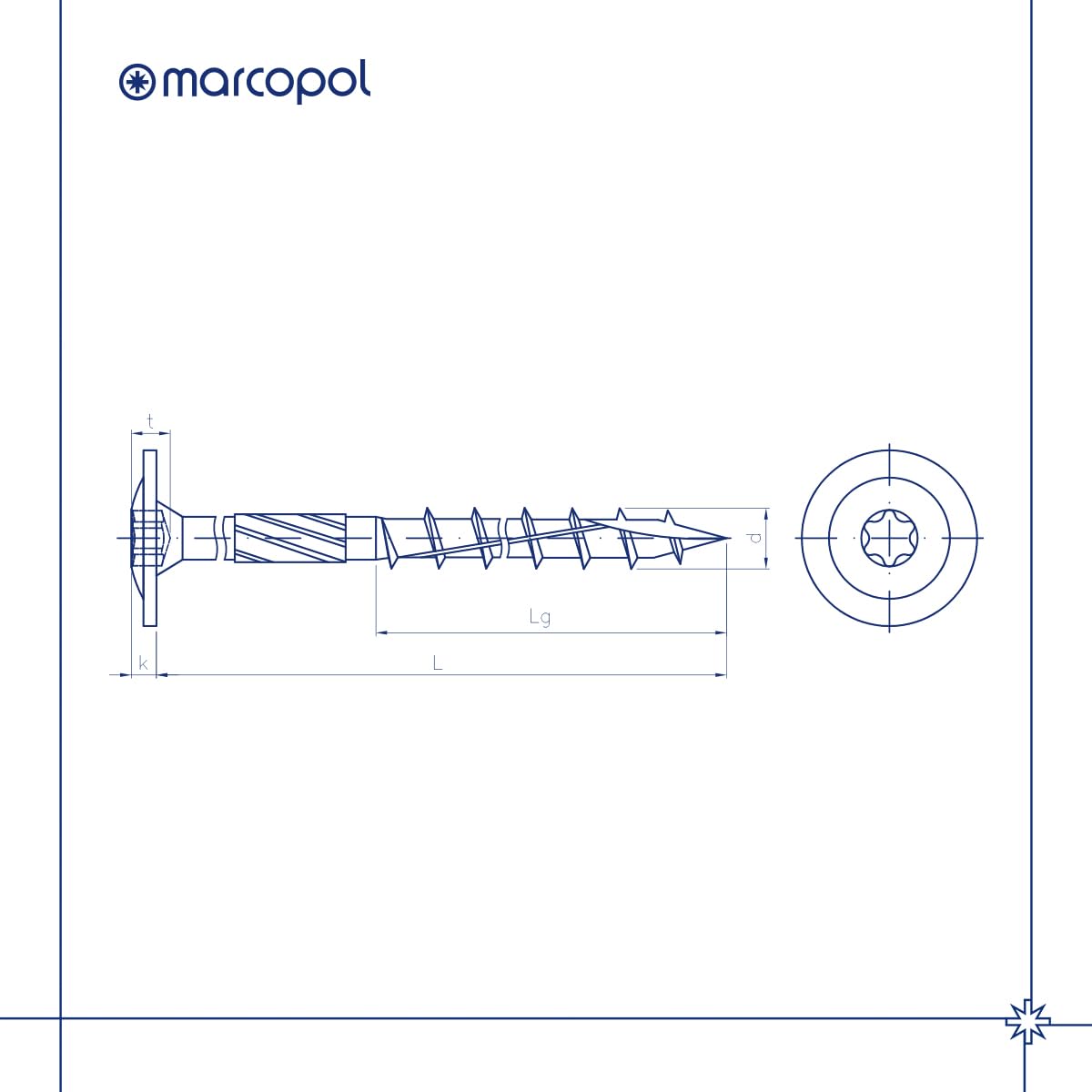 Marcopol - Tornillos Torx para madera con cabeza avellanada, tornillos 8 x 280 mm, tornillos Torx galvanizados en amarillo, tornillos para carpintero Innen-TX, set de 50 piezas