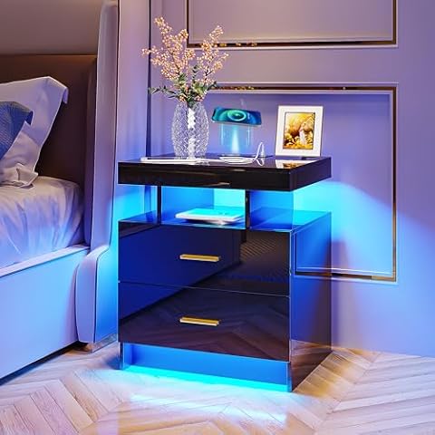 HNEBC Auto LED Nightstand with Wireless Charging Station & USB Ports,High Gloss Bedside Tables with 2 Drawers,Floating Nightstand with 3 Color & Adjustable Brightness Embedded LED Light Strip Cover