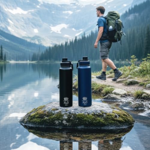 Image of Premium 1 Liter Water Bottle (33.8 oz) with Carrying Case & Strap - Double Wall Vacuum Insulated Stainless Steel Water Bottle - Leakproof Lid, Wide Mouth, BPA-Free, Removable Strainer - Blue
