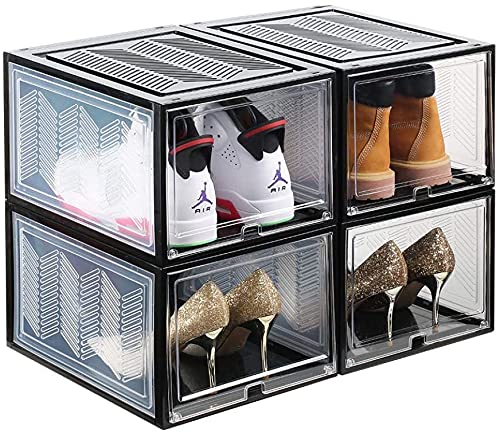 SGersteShoe Boxes Organizers Set of 4 Stackable Shoe Storage Containers w Clear Magnetic Door Assemble Up to Size 12.5 Large Shoe Rack Bins Display Sneakers High Heels Black & Clear
