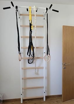 721W+A204 Wallbar, Stall Bar, Gymnastic Ladder, Multifunctional Equipment with Fixed Metal Pull Up Bar, Chin Up Bar and Wooden Rings, Climbing Rope with Swing. for Hanging Exercises