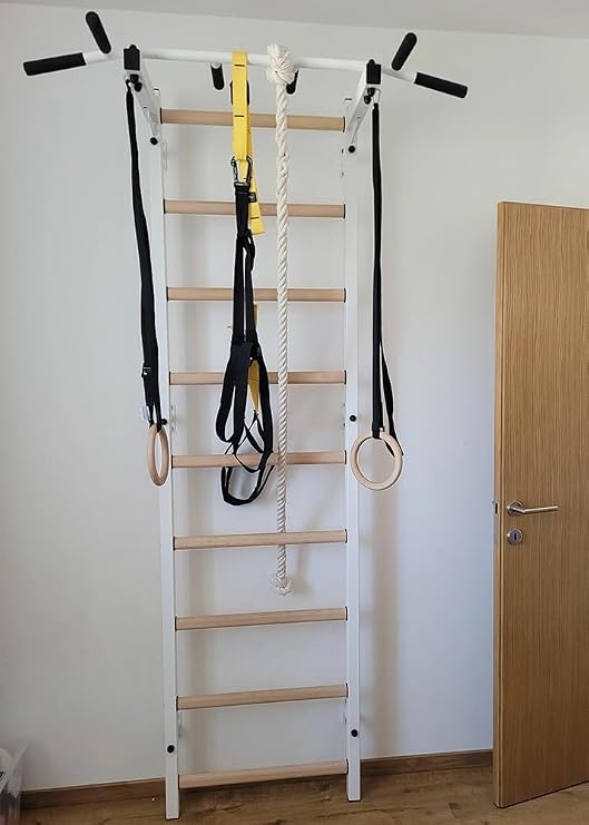 721W+A204 Wallbar, Stall Bar, Gymnastic Ladder, Multifunctional Equipment with Fixed Metal Pull Up Bar, Chin Up Bar and Wooden Rings, Climbing Rope with Swing. for Hanging Exercises