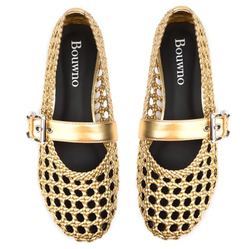 Image of Woven Ballet Flats Mesh Mary Jane Flats for Women Dressy Comfortable Ballerina Flat Round Toe Buckle Strap Mesh Shoes Casual Mary Janes