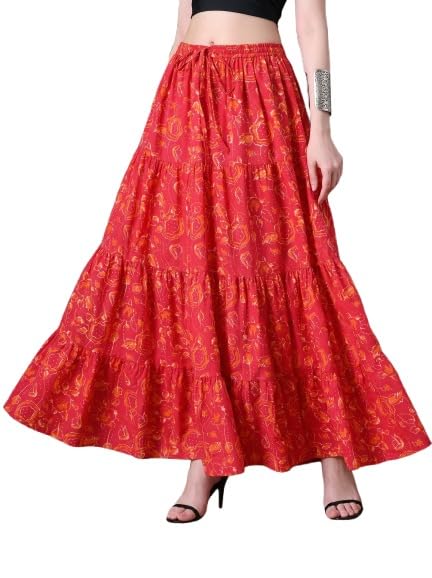 mfgiva Floral Print Skirt for Women - 100% Cotton, Floor-Length, Elastic Waist, Stylish and Comfortable, Machine Washable, Perfect for Casual Pink-picture-38