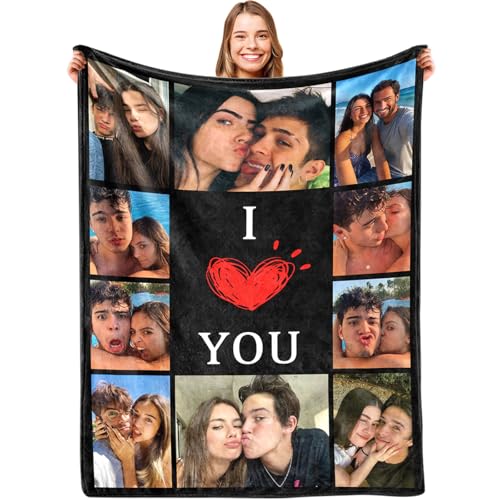 Ships Next Day Custom Photo Blankets for Women Personalized Throw Blankets with Pictures I Love You Gifts for Couple Customized Valentines Day Gifts for Her Him Girlfriend Boyfriend -10 Photos