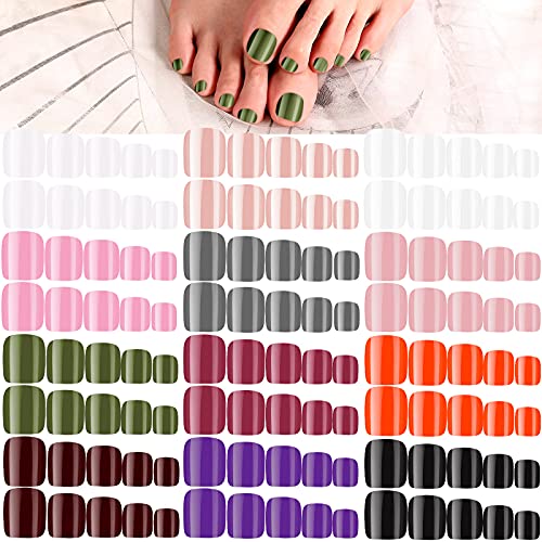288 Pieces 12 Sets Glossy Short Press on Toe Nails Short Square Artificial Nail Tips Solid Color False Toe Nails Full Cover Square Fake Nails for Nail Art DIY Manicure (Chic Color)