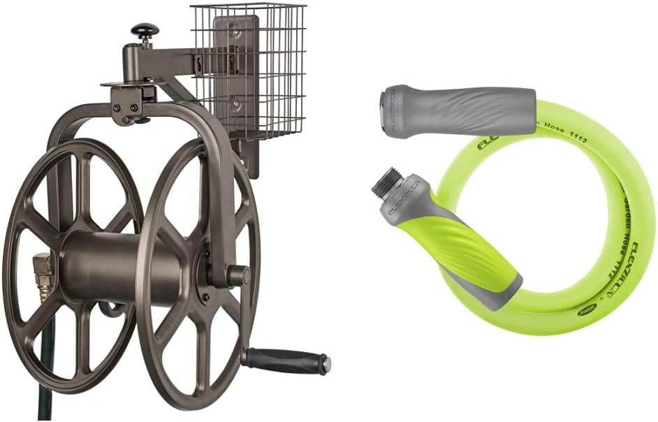 Liberty Garden 712 Single Arm Navigator Hose Reel and Flexzilla Garden Lead-in Hose with SwivelGrip