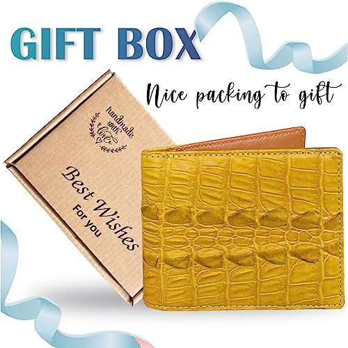Image of HATA Yellow Luxury Exotic Bifold Leather Wallet Men with Flip Out ID Window, Holder Credit Card, RFID Blocking, Men Leather Wallet Gift Birthday, Wedding, Anniversary, Father's Day VINAM-109