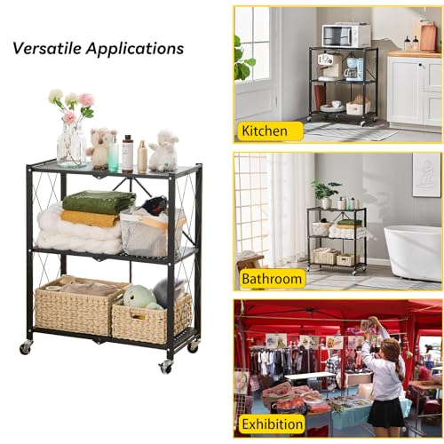 Image of BRIAN & DANY 3-Tier Foldable Storage Shelves with Wheels, No Assembly Folding Shelf Metal Rack, Shelving Unit for Kitchen, Garage, Black