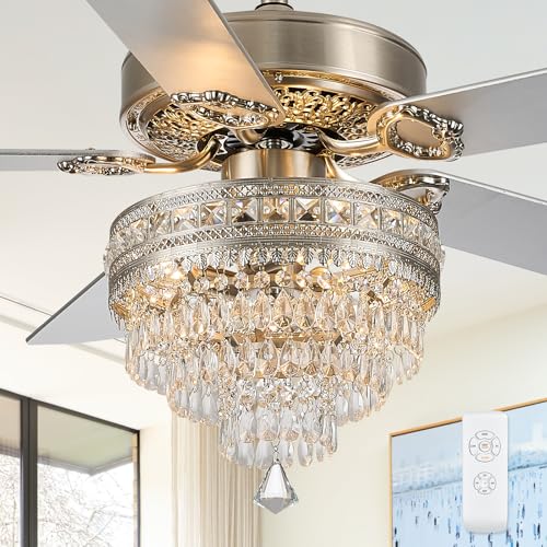 Crystal Chandelier Ceiling Fan, 3-Light Farmhouse Fandelier with Remote - Silent AC Motor, K9-Crystal, Wood Blades, 3-Speed and Timing, Energy-Efficient Ceiling Fans for living Room (52" Silver-Color)