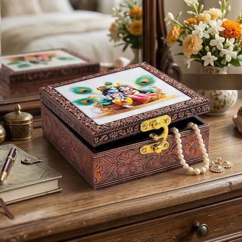 Image of Radha Krishna Wooden Jewellery Box | Handcrafted Decorative Storage Organizer | Traditional, Multipurpose Keepsake Box for Rings, Earrings & Small Accessories | White, Pack of 3
