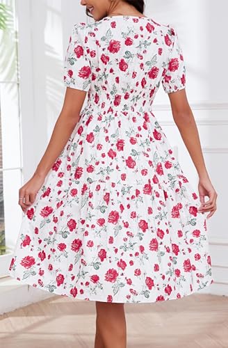 Image of Kormei Women Summer Casual Boho Floral Round Neck Short Sleeve Smocked Waist Tiered Flowy Swing Midi Dress M White /Red Floral