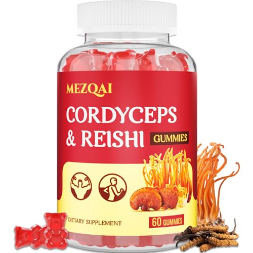 Mezqai Mushroom Gummies Cordyceps Reishi Mushroom Supplement Gummies for Adults with Green Tea Extract Brain Supplements for Memory and Focus Energy Athletic Performance* Rest - 60 Count