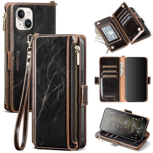 Antsturdy Compatible with iPhone 14 Wallet Case RFID Blocking,PU Leather Phone Case Women Men Flip Shockproof Cover with Wrist Strap Zipper Pocket Credit Card Holder Slots,for Apple 14 6.1"(Coffee) by Antsturdy - Used condition - US$6.73