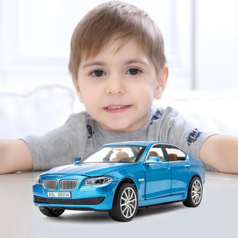 Image of Kids Model 1:32 BM 535I Die Cast Metal Car Pull Back Action Opening Doors with Realistic Engine Sound Lights Toy Car Gift for Boys - Blue