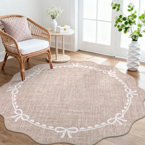 GarveeHome 6ft Round Rugs Washable Scalloped Bow Rug for Bedroom, Camel