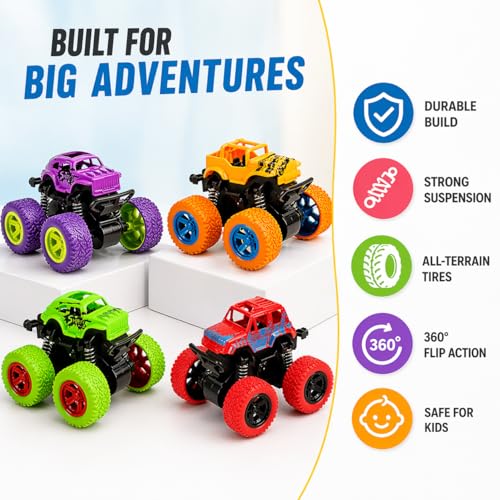 Image of Goyal's 4WD Monster Truck Toy for Kids Friction Powered 4x4 360 Stunt All-Terrain Spin Action Push & Go Off-Road Vehicles Cars Vibrant Colour for Boy Girl (Set of 4 Pcs)