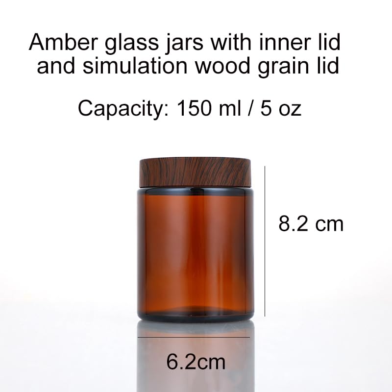 2 Packs 150ml 5oz Amber Glass Jars with Plastic Wood Grain Lid and Inner Liners Refillable Cosmetic Cream Jar Cosmetic Storage Containers for Face Cream Balm Lotion DIY Crafts - Image 3