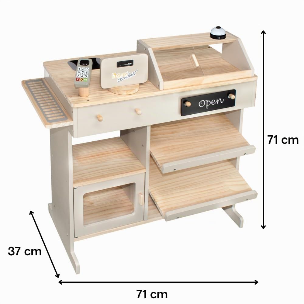 Magasin de Jouets en Bois Howa avec Caisse enregistreuse Jouet 47551 | avec caisse enregistreuse, tableau noir, vitrine, sonnette (naturel/beige)