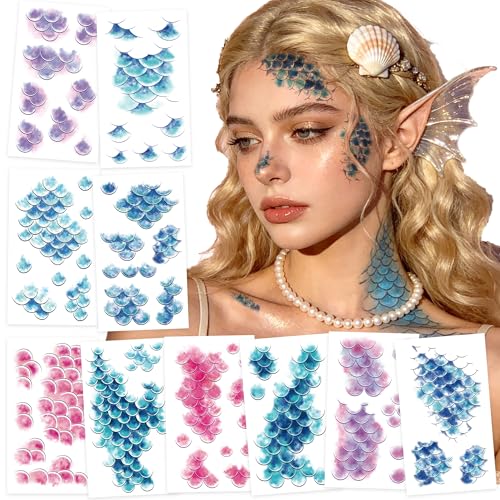 Epuxiael Mermaid Scale Temporary Tattoos for Kids Mermaid Face Tattoos Fish Scale Makeup Stickers Ocean Fake Tattoos for Party Favors Decorations Supplies Accessories Rewards Gifts for Boys Girls