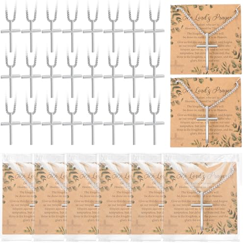 24 Set Cross Necklace Bulk Silver Stainless Steel Cross Pendant Chain Necklace With Lord's Prayer Cards Transparent Plastic Bag for Men Confirmation Christian Gifts
