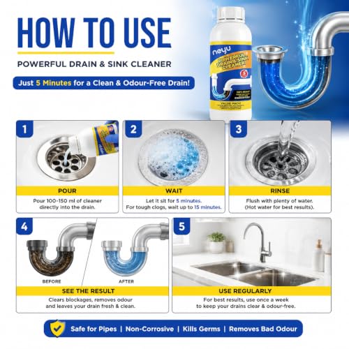Image of NEYU Xpert Drainex Drain Cleaner Powder for Clogged Drains - Heavy Duty Drain Blockage Remover for Kitchen Sink, Bathroom, Toilet & Pipe Cleaning 100gm (2 Piece)