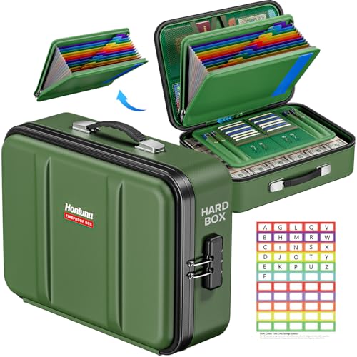 Image of Fireproof Document Box, Hard Case Fireproof Document Organizer with Lock, Water Resistant Safe Box for Important Documents Certificates Laptop Passports, Green