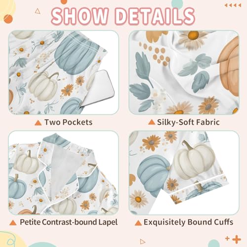 Fall Pastel Pumpkins Daisy Flower Pajamas Set Soft Satin Pjs Sets 2 Piece Short Sleeve Sleepwear Casual Loungewear3