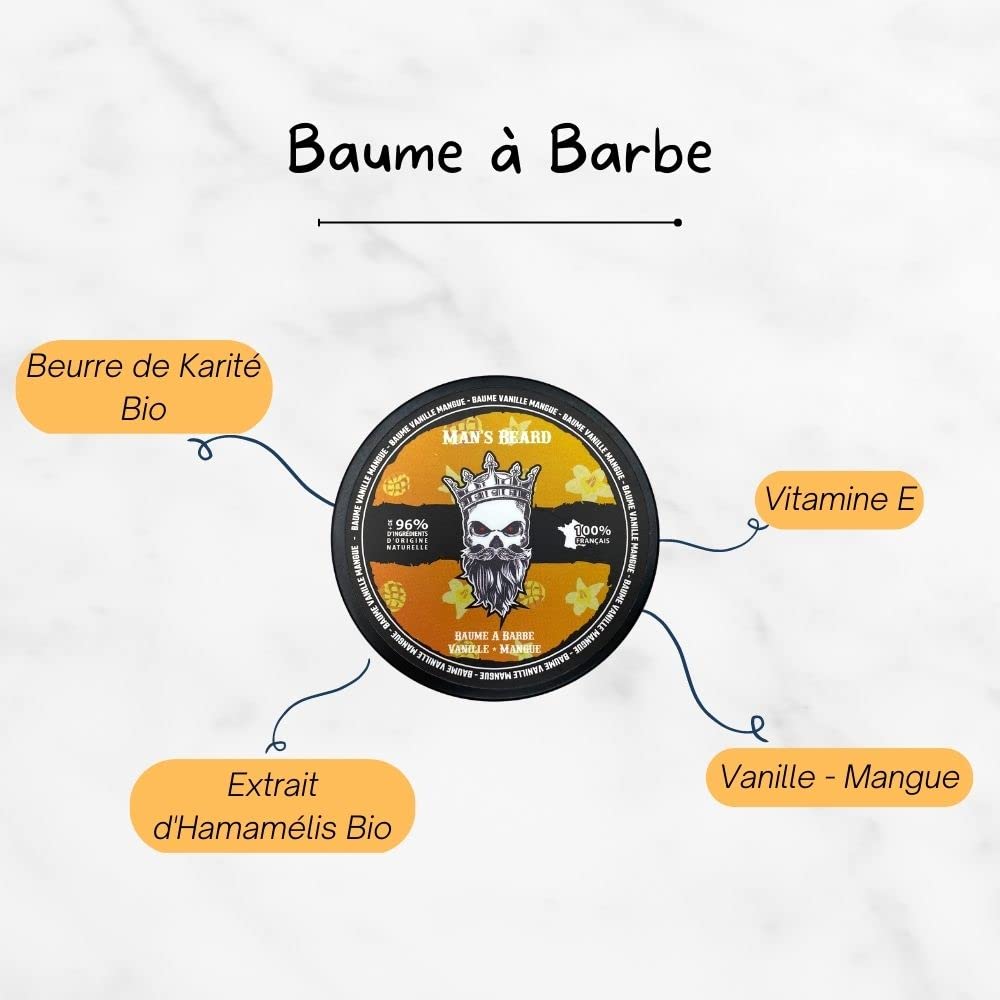 Man's Beard - Coffret Barbe et Moustache - Baume De Barbe 90ml Et Huile à Barbe Parfumé Vanille Mangue 30ml – Ingrédients d’origine Naturelle - 100% Fabrication Française